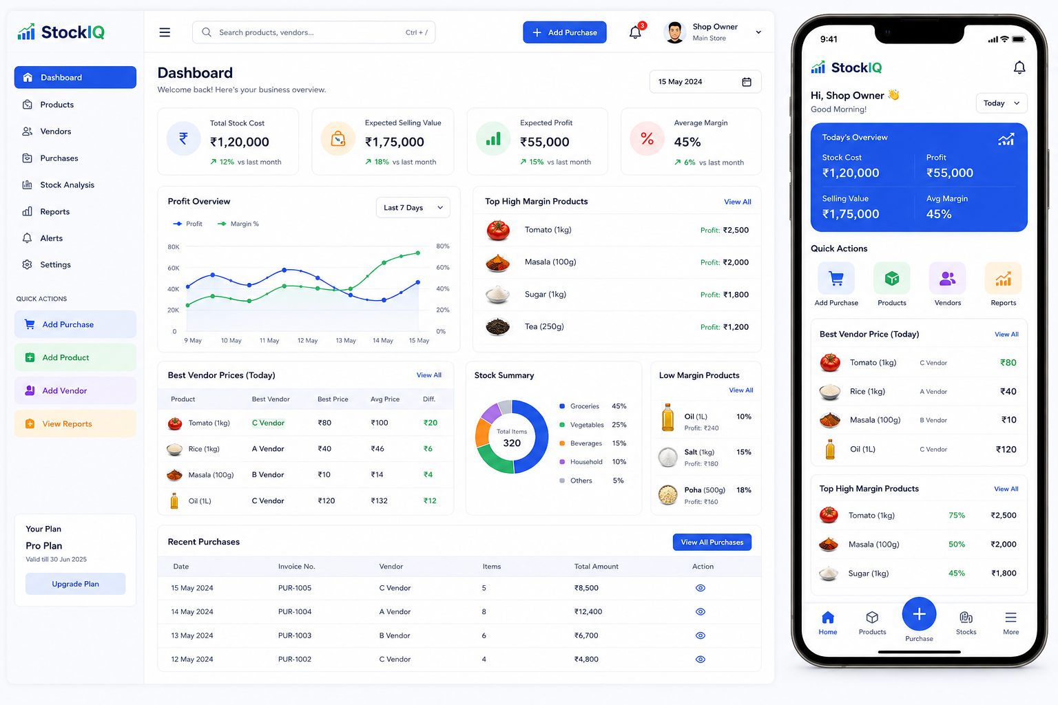 StockIQ ERP inventory and billing software dashboard